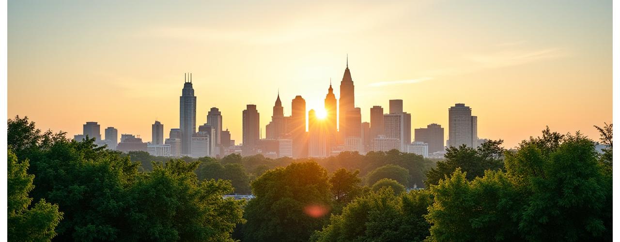 A vibrant morning cityscape of Charlotte, NC, with modern buildings and lush trees.