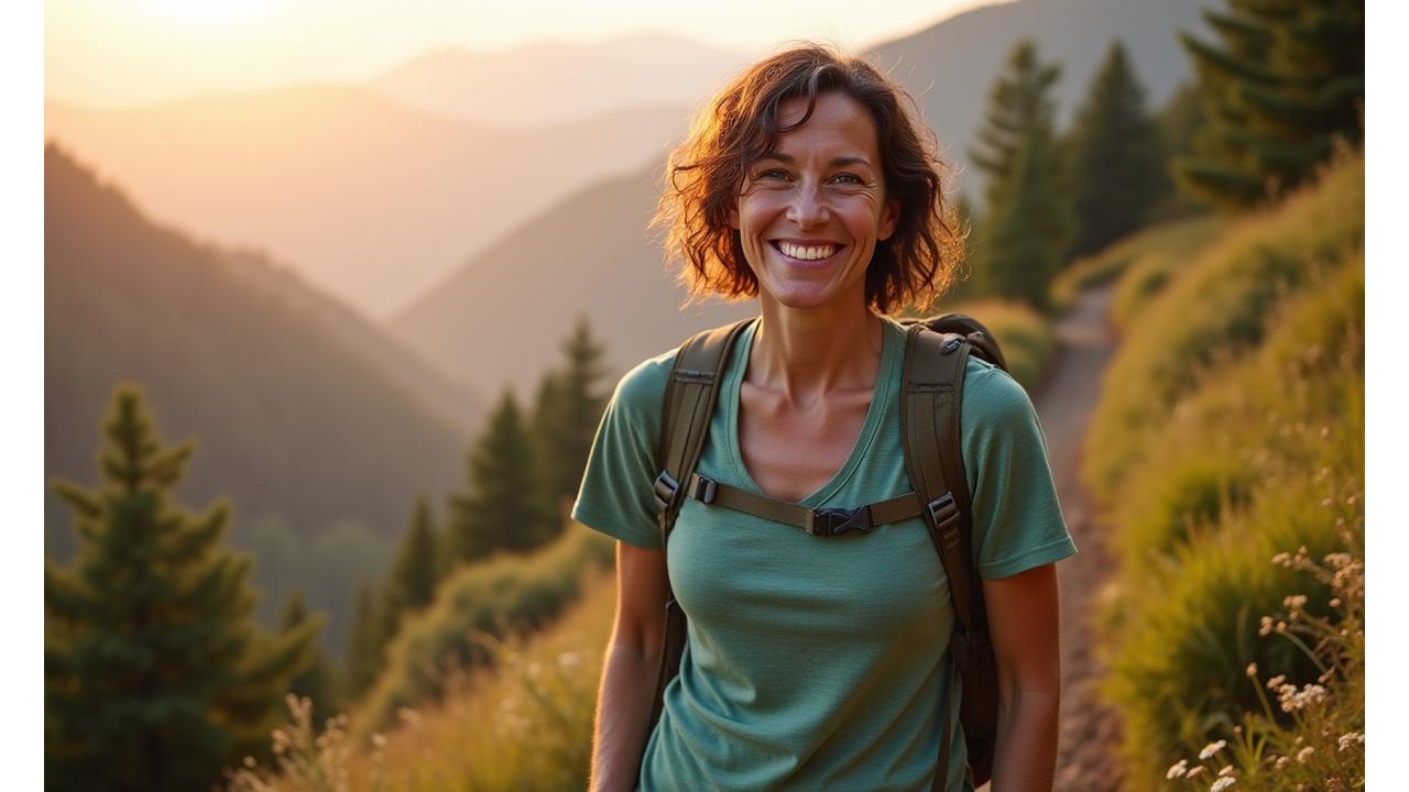 Dr. Evelyn Reed, founder of Veridian Bloom, enjoying a peaceful morning hike, embodying wellness and balance.