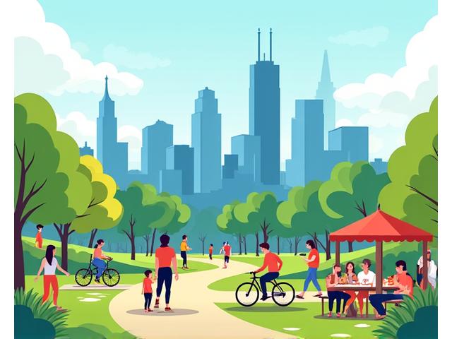 Illustration of Charlotte, NC skyline with vibrant, healthy activities like yoga in a park, cycling, and friends enjoying a farmers market, representing local wellness.
