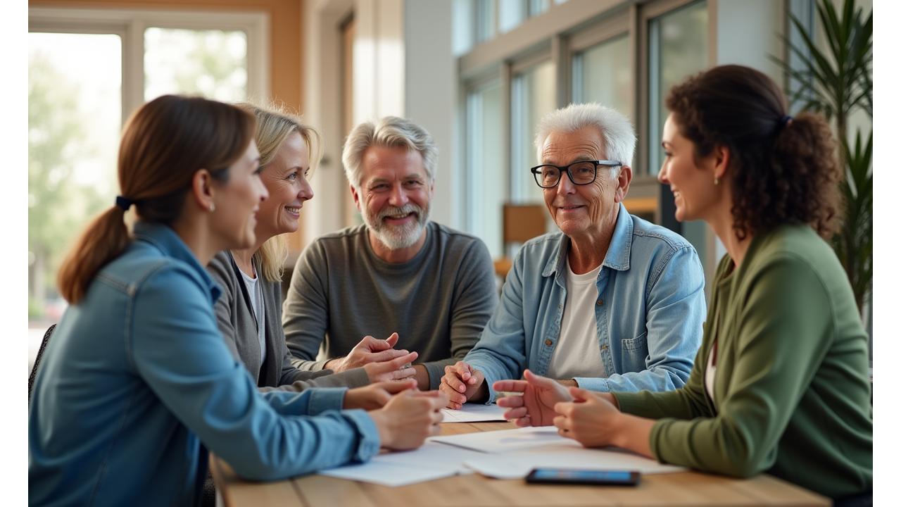 Diverse group of adults interacting happily in a bright, modern community space, signifying belonging and support in a wellness journey.