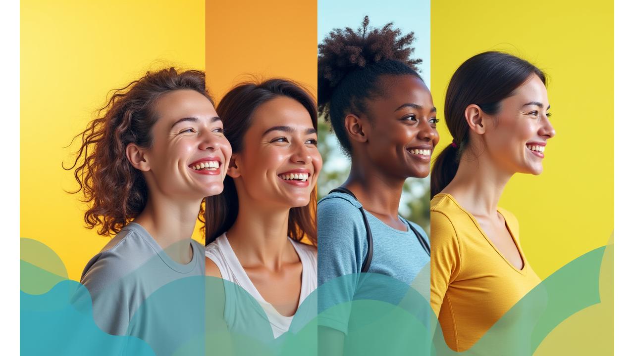 A diverse montage of vibrant, happy individuals showing before-and-after wellness transformations, interspersed with small icons representing achievements like healthy eating, exercise, and mindfulness, all united by subtle green and blue lines.