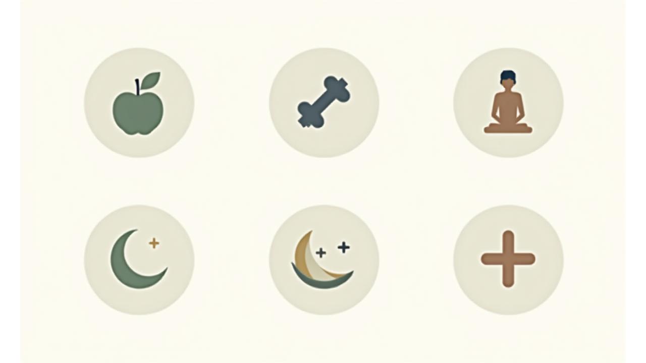 Diverse icons representing nutrition, fitness, mindfulness, sleep, and energy, arranged in a clean grid layout.