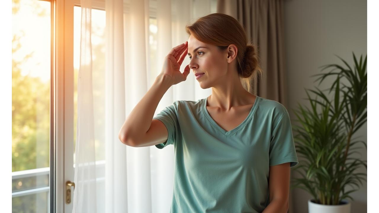Person engaging in a gentle morning stretch, feeling energized and calm.