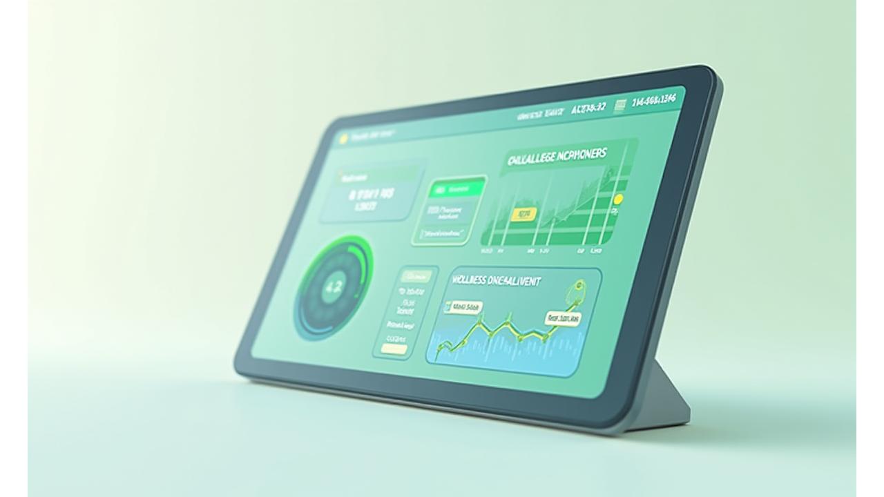 A clean, modern dashboard display with colorful charts and graphs showing streaks, challenge completions, and overall wellness metric improvements.