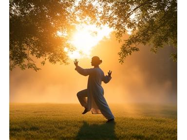 Person practicing Tai Chi in a serene park at dawn, soft light highlighting movement