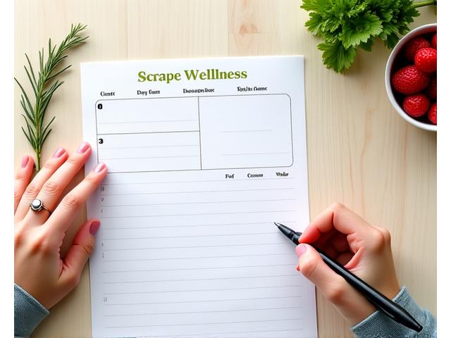 Hands writing on a wellness worksheet with healthy food on a table, symbolizing practical application and downloadable resources.