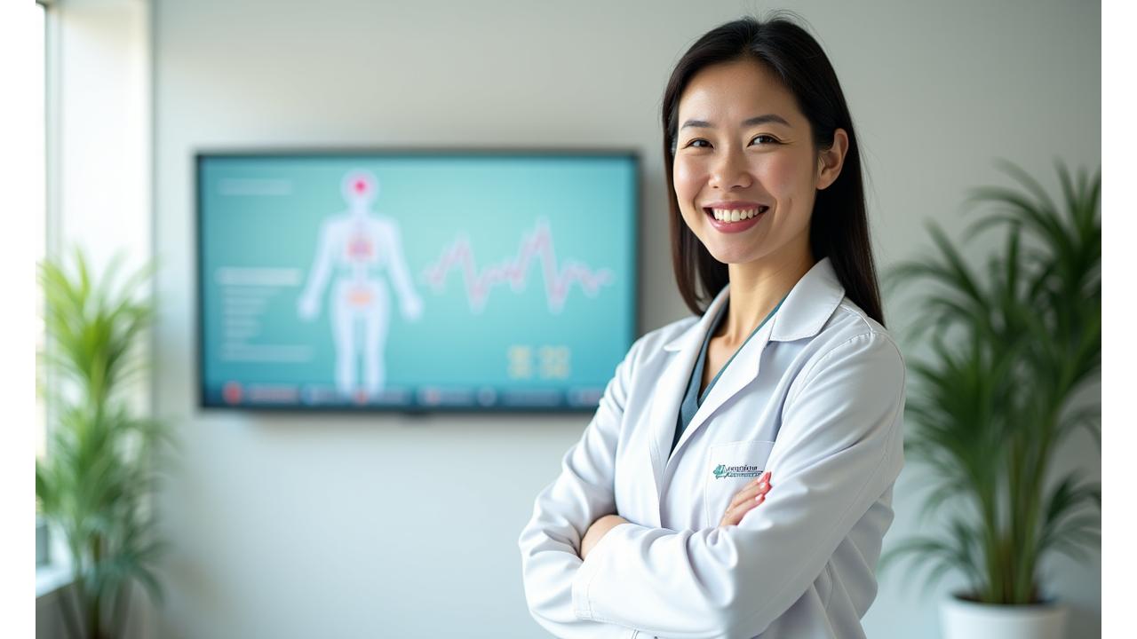 Dr. Sarah Chen, a functional medicine doctor, smiling confidently beside medical diagrams, representing expertise in metabolic health.