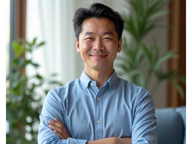 Dr. James Park, a serene male mindfulness instructor, demonstrating a calm meditation posture in a tranquil setting.