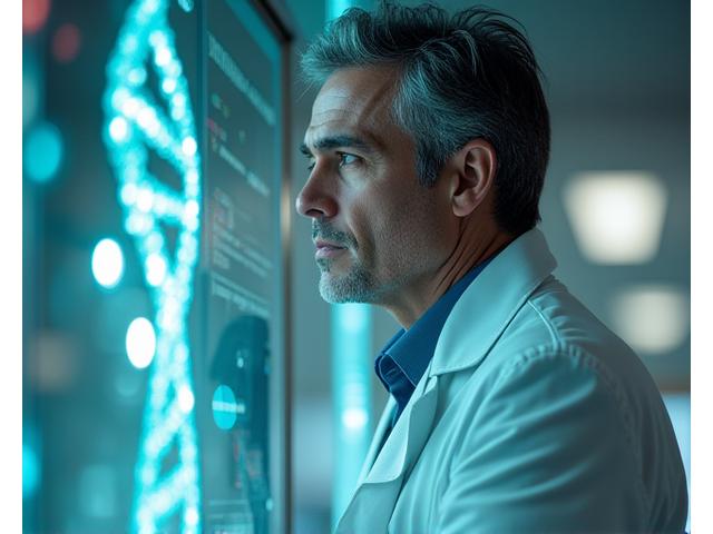 Dr. Michael Rodriguez, a distinguished male researcher in a lab coat, looking thoughtfully at a DNA model.