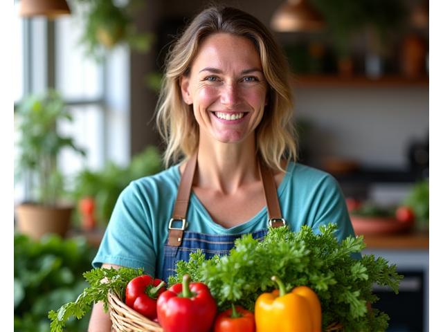 Lisa Thompson, a vibrant female registered dietitian, holding fresh produce, symbolizing functional nutrition and vitality.