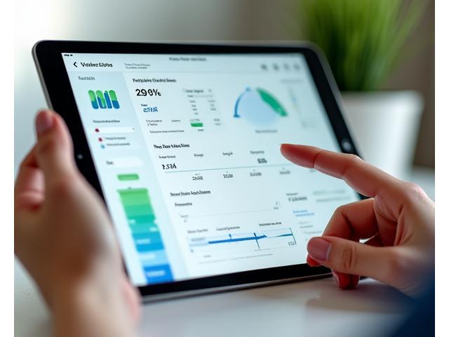 A person tracking progress on a tablet with vibrant health dashboard, representing interactive assignments and progress tracking.