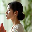 Woman, Emily T., 42, practicing gentle yoga or meditation, conveying calm and well-being.