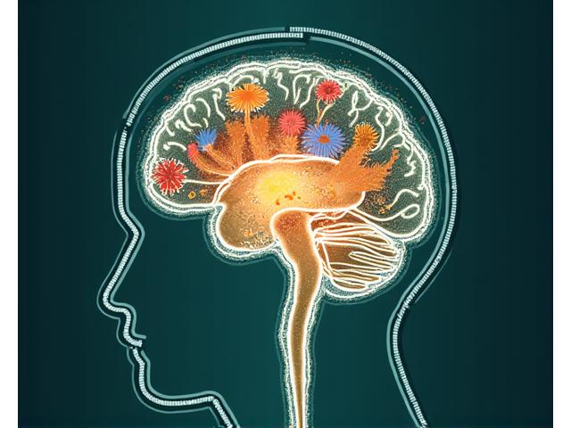 Illustration of the gut-brain axis, showing connections between a stylized brain and gut, with beneficial bacteria flora represented by interconnected glowing elements.