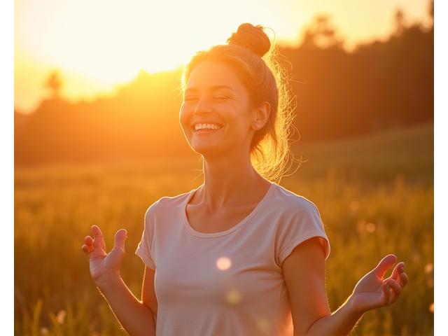 A vibrant, energetic woman in her late 40s or early 50s, smiling brightly while doing light yoga outdoors, symbolizing vitality and healthy aging.