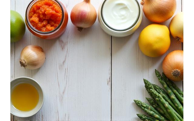 Variety of real fermented foods like kimchi, kombucha, and yogurt with healthy plant-based prebiotic sources surrounding them, on a rustic wooden table.