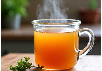 A steaming mug of golden bone broth with fresh herbs, indicating warmth and nourishment.