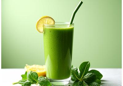 A refreshing green smoothie packed with spinach, banana, and chia seeds, in a clear glass.