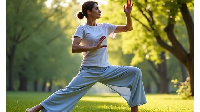 Woman doing low impact exercise outdoors