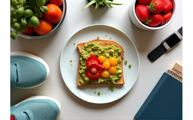 A vibrant image of nourishing food and active lifestyle elements, symbolizing sustained energy