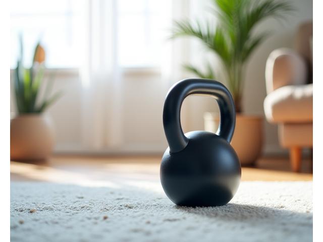 Adjustable kettlebell in a home setting.
