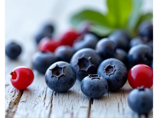 Close-up of antioxidant-rich blueberries, pomegranates, and acai berries.