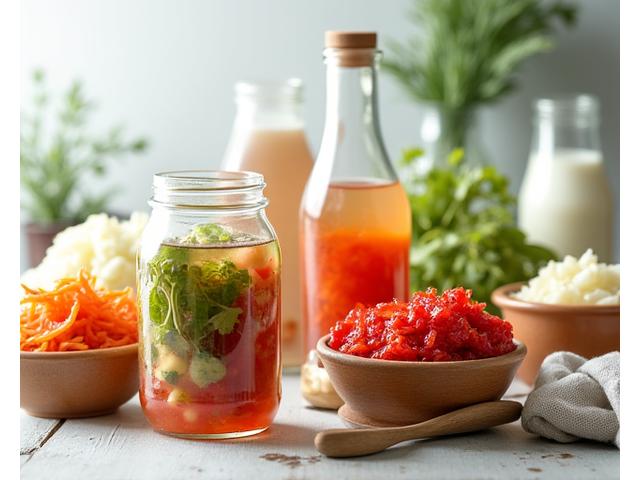 Variety of fermented foods including kimchi, sauerkraut, and kombucha.
