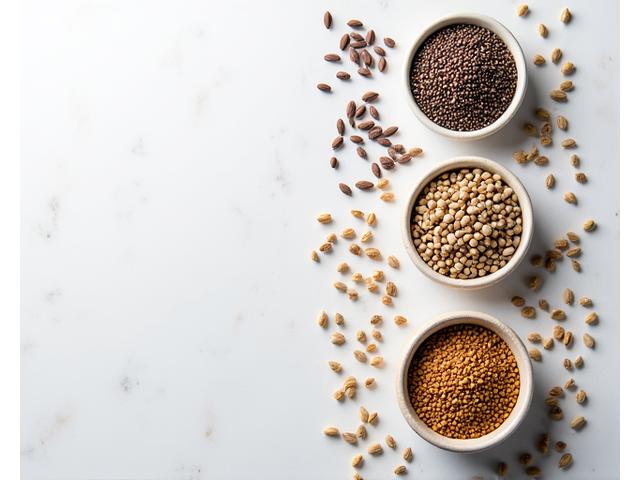 Variety of omega-rich seeds like chia, flax, and hemp seeds.