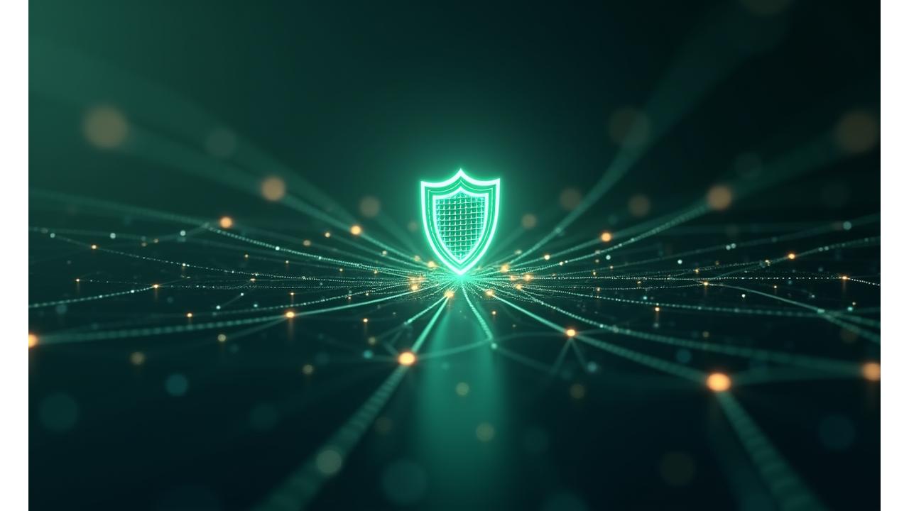 Abstract depiction of digital security and privacy, featuring a glowing shield and interconnected lines of data, conveying robust protection.