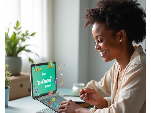 Woman happily looking at a digital screen displaying wellness goals, progress bars, and achievement badges, symbolizing motivation and success.