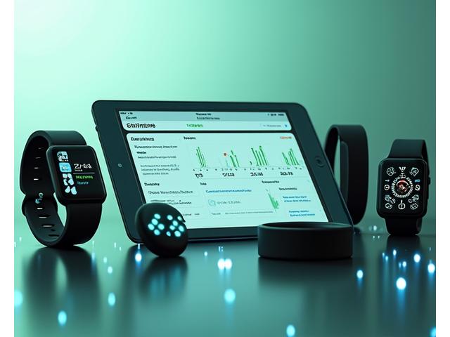 Multiple wearable fitness devices connected to a central health dashboard on a tablet, symbolizing seamless data synchronization.