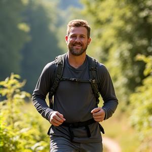 David P., 50, looking active on a hiking trail, with an overlay chart indicating increased daily steps and activity levels.