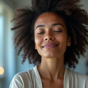 Sarah M., 42, smiling confidently, with a small chart overlay showing improved sleep quality trend.