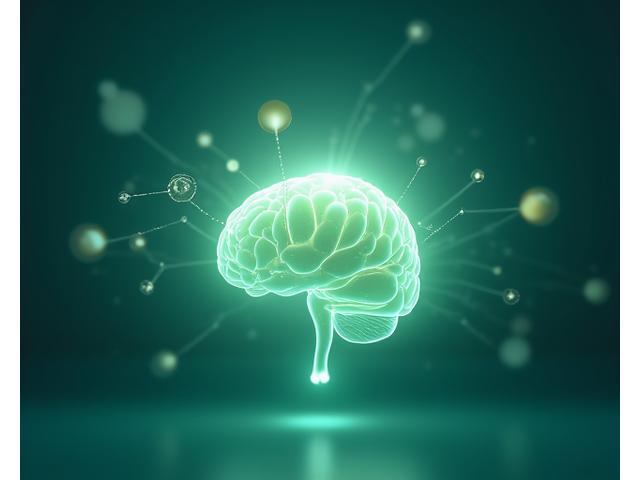 Abstract visualization of a glowing human brain connected by gentle, flowing lines to symbols of memory, creativity, and calm, set against a calming background.