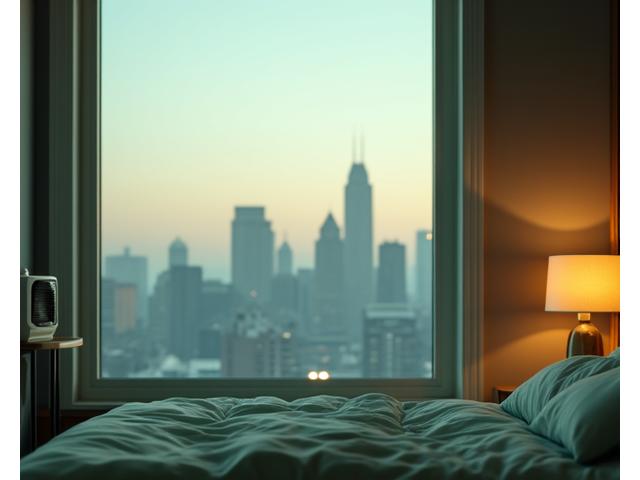 A serene, well-appointed bedroom with a subtle view of the Charlotte skyline outside the window, illustrating local comfort and environmental control.