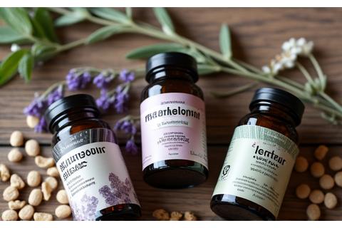 Small bottles of melatonin and magnesium supplements with natural herbs.