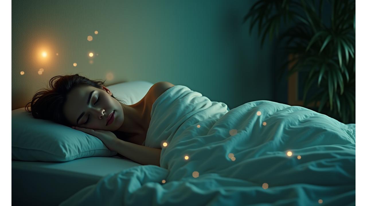 Person peacefully sleeping in a comfortable, dark bedroom, with a glowing aura of calm and digital wellness data overlayed.