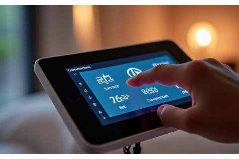 A hand interacting with a smart home tablet displaying environmental controls for sleep.