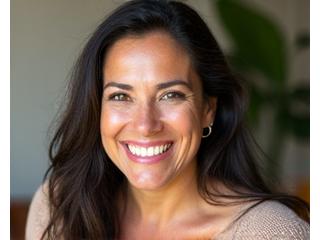 Woman, Maria S. (42), looking vibrant and healthy after improving her sleep.