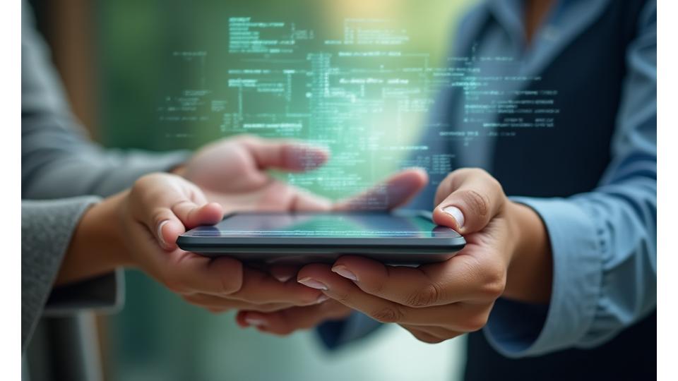 Hands shaking with a digital agreement displayed on a tablet, symbolizing a clear and trusted user agreement
